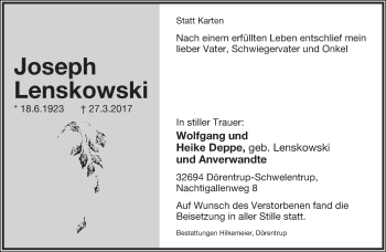 Anzeige  Joseph Lenskowski  Lippische Landes-Zeitung