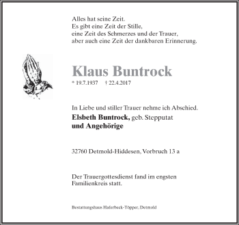 Anzeige  Klaus Buntrock  Lippische Landes-Zeitung