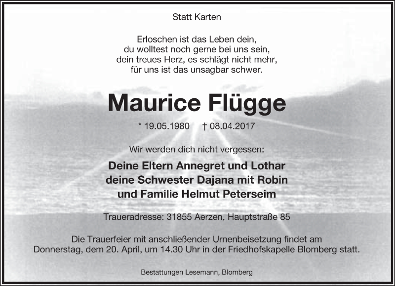  Traueranzeige für Maurice Flügge vom 14.04.2017 aus Lippische Landes-Zeitung