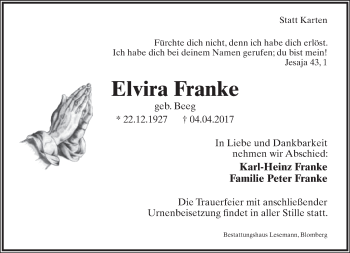 Anzeige  Elvira Franke  Lippische Landes-Zeitung