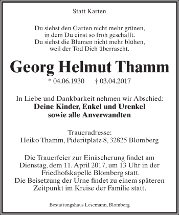 Anzeige  Georg Helmut Thamm  Lippische Landes-Zeitung