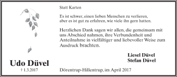 Anzeige  Udo Düvel  Lippische Landes-Zeitung
