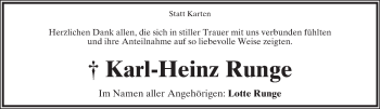 Anzeige  Karl-Heinz Runge  Lippische Landes-Zeitung