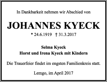 Anzeige  Johannes Kyeck  Lippische Landes-Zeitung