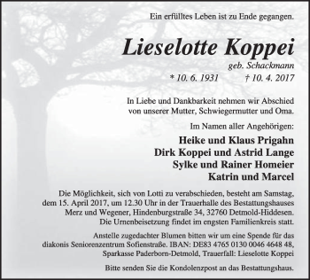 Anzeige  Lieselotte Koppei  Lippische Landes-Zeitung