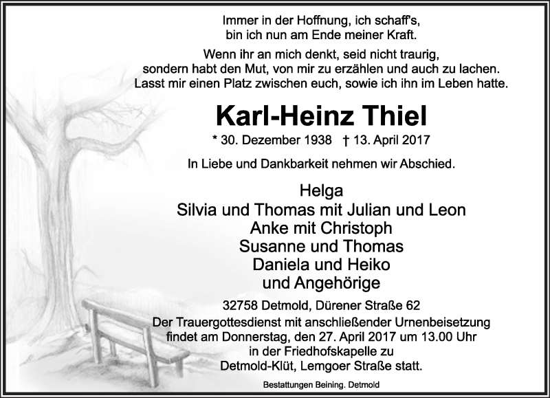  Traueranzeige für Karl-Heinz Thiel vom 22.04.2017 aus Lippische Landes-Zeitung