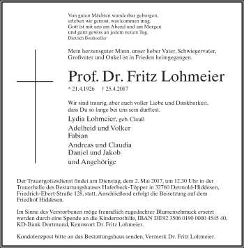 Anzeige  Fritz Lohmeier  Lippische Landes-Zeitung