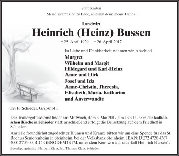 Anzeige  Heinrich Bussen  Lippische Landes-Zeitung