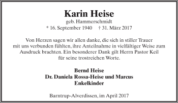 Anzeige  Karin Heise  Lippische Landes-Zeitung