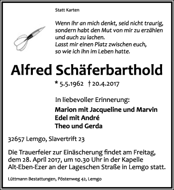 Anzeige  Alfred Schäferbarthold  Lippische Landes-Zeitung