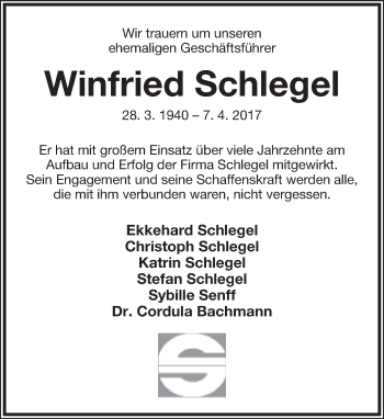 Anzeige  Winfried Schlegel  Lippische Landes-Zeitung