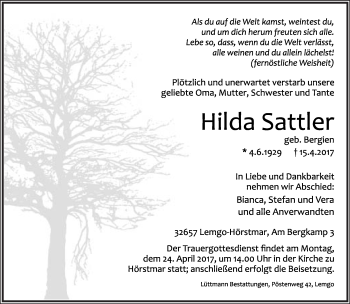Anzeige  Hilda Sattler  Lippische Landes-Zeitung