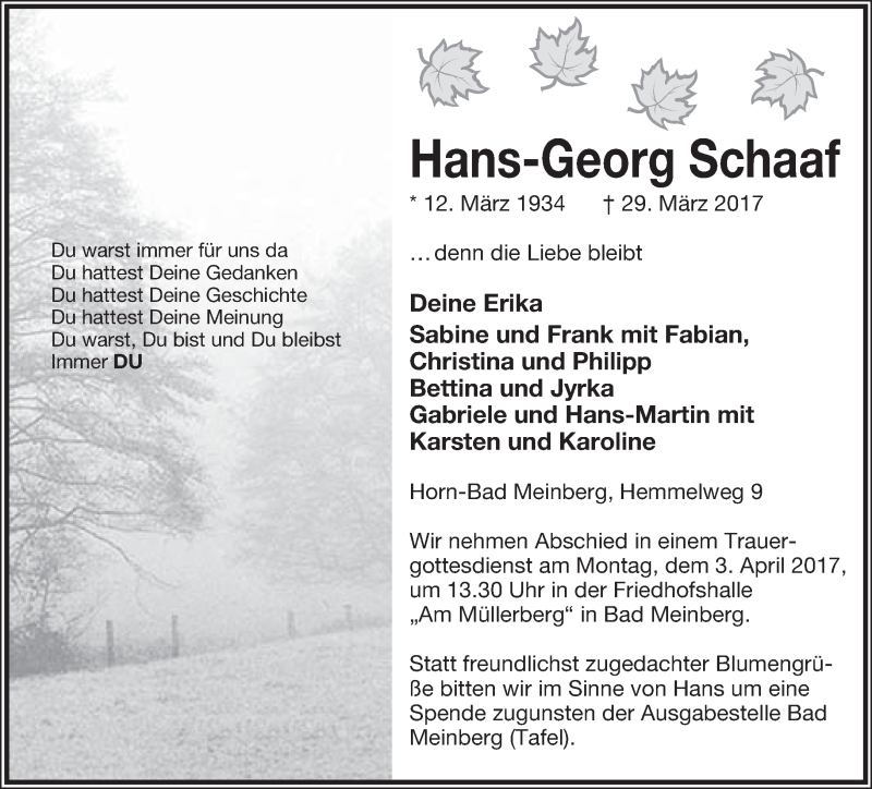  Traueranzeige für Hans-Georg Schaaf vom 01.04.2017 aus Lippische Landes-Zeitung