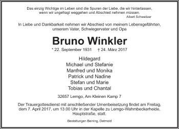 Anzeige  Bruno Winkler  Lippische Landes-Zeitung