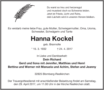 Anzeige  Hanna Kockel  Lippische Landes-Zeitung