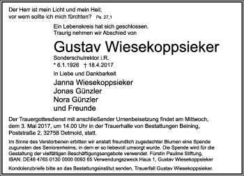 Anzeige  Gustav Wiesekoppsieker  Lippische Landes-Zeitung