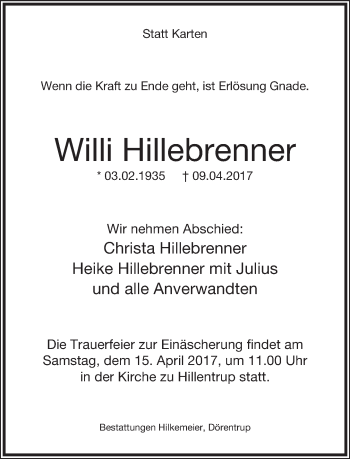Anzeige  Willi Hillebrenner  Lippische Landes-Zeitung