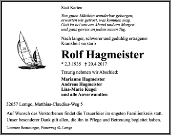 Anzeige  Rolf Hagmeister  Lippische Landes-Zeitung
