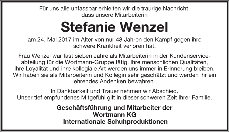  Traueranzeige für Stefanie Wenzel vom 30.05.2017 aus Lippische Landes-Zeitung
