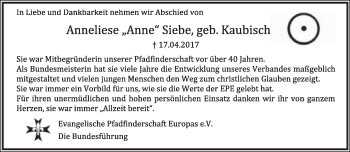 Anzeige  Anneliese Siebe  Lippische Landes-Zeitung