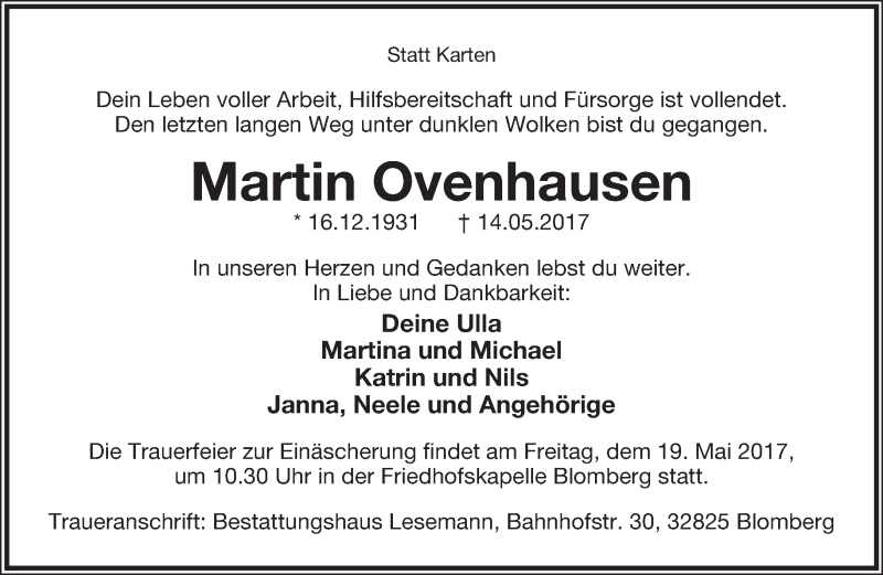  Traueranzeige für Martin Ovenhausen vom 17.05.2017 aus Lippische Landes-Zeitung