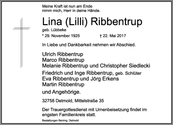 Anzeige  Lina Ribbentrup  Lippische Landes-Zeitung