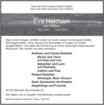 Anzeige  Eva Heidsiek  Lippische Landes-Zeitung