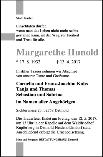 Anzeige  Margarethe Hunold  Lippische Landes-Zeitung
