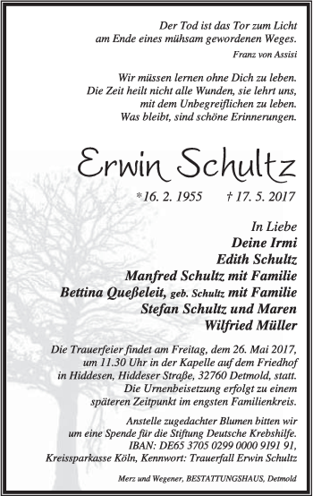 Anzeige  Erwin Schultz  Lippische Landes-Zeitung