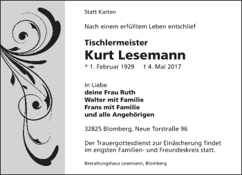Anzeige  Kurt Lesemann  Lippische Landes-Zeitung