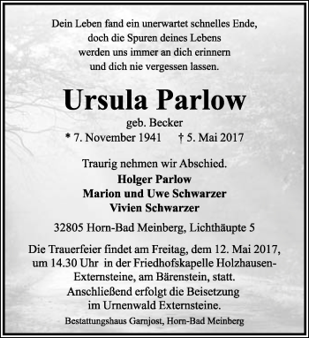 Anzeige  Ursula Parlow  Lippische Landes-Zeitung