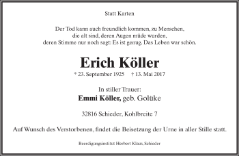 Anzeige  Erich Köller  Lippische Landes-Zeitung