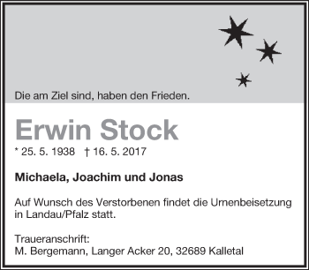 Anzeige  Erwin Stock  Lippische Landes-Zeitung