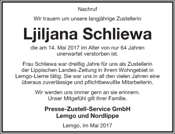 Anzeige  Ljiljana Schliewa  Lippische Landes-Zeitung
