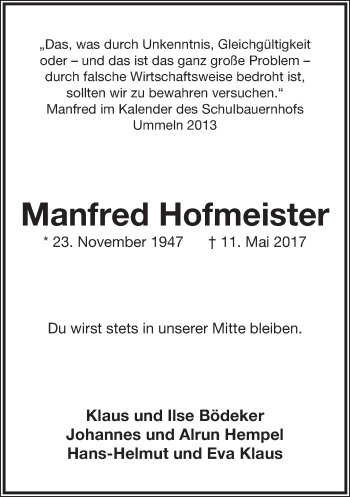 Anzeige  Manfred Hofmeister  Lippische Landes-Zeitung