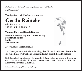 Anzeige  Gerda Reineke  Lippische Landes-Zeitung