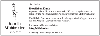 Anzeige  Karola Mühlmeier  Lippische Landes-Zeitung