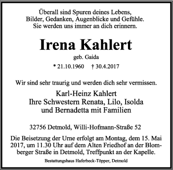 Anzeige  Irena Kahlert  Lippische Landes-Zeitung