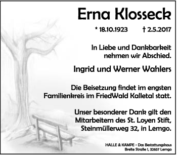 Anzeige  Erna Klosseck  Lippische Landes-Zeitung