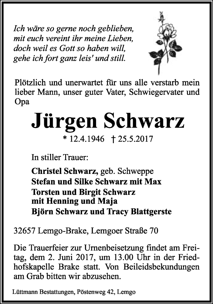  Traueranzeige für Jürgen Schwarz vom 29.05.2017 aus Lippische Landes-Zeitung