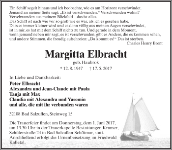 Anzeige  Margitta Elbracht  Lippische Landes-Zeitung