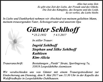 Anzeige  Günter Sehlhoff  Lippische Landes-Zeitung