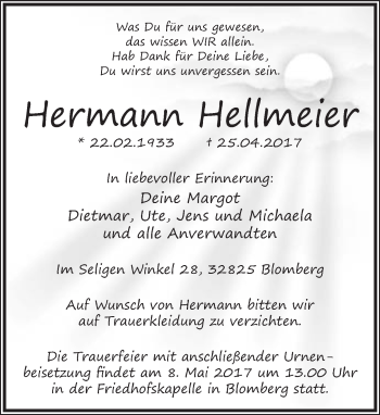 Anzeige  Hermann Hellmeier  Lippische Landes-Zeitung