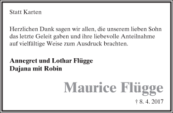 Anzeige  Maurice Flügge  Lippische Landes-Zeitung