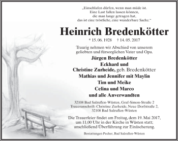 Anzeige  Heinrich Bredenkötter  Lippische Landes-Zeitung