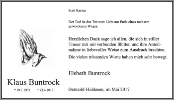 Anzeige  Klaus Buntrock  Lippische Landes-Zeitung