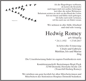 Anzeige  Hedwig Romey  Lippische Landes-Zeitung