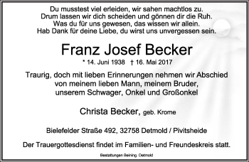 Anzeige  Franz Josef Becker  Lippische Landes-Zeitung