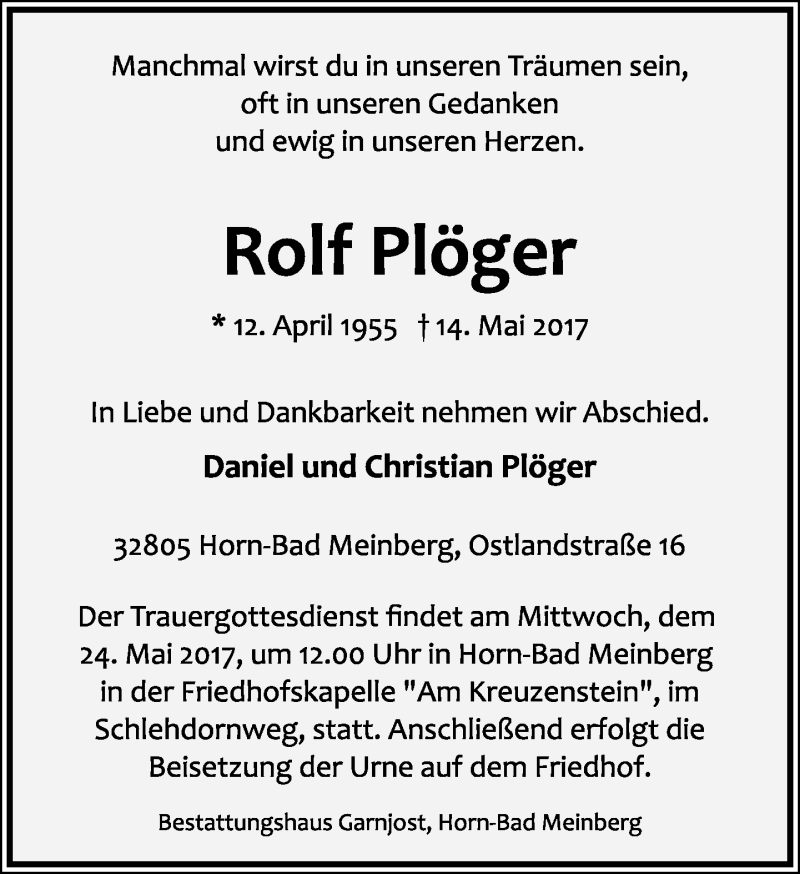  Traueranzeige für Rolf Plöger vom 20.05.2017 aus Lippische Landes-Zeitung