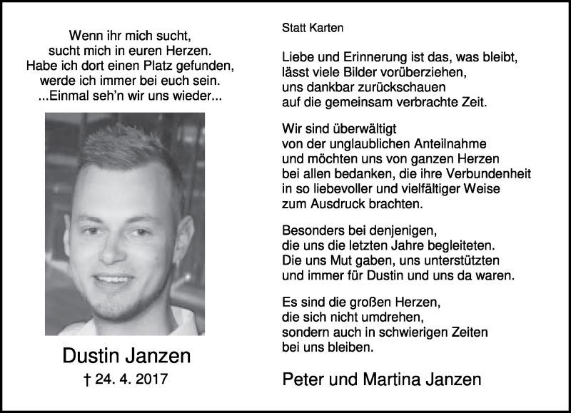  Traueranzeige für Dustin Janzen vom 20.05.2017 aus Lippische Landes-Zeitung